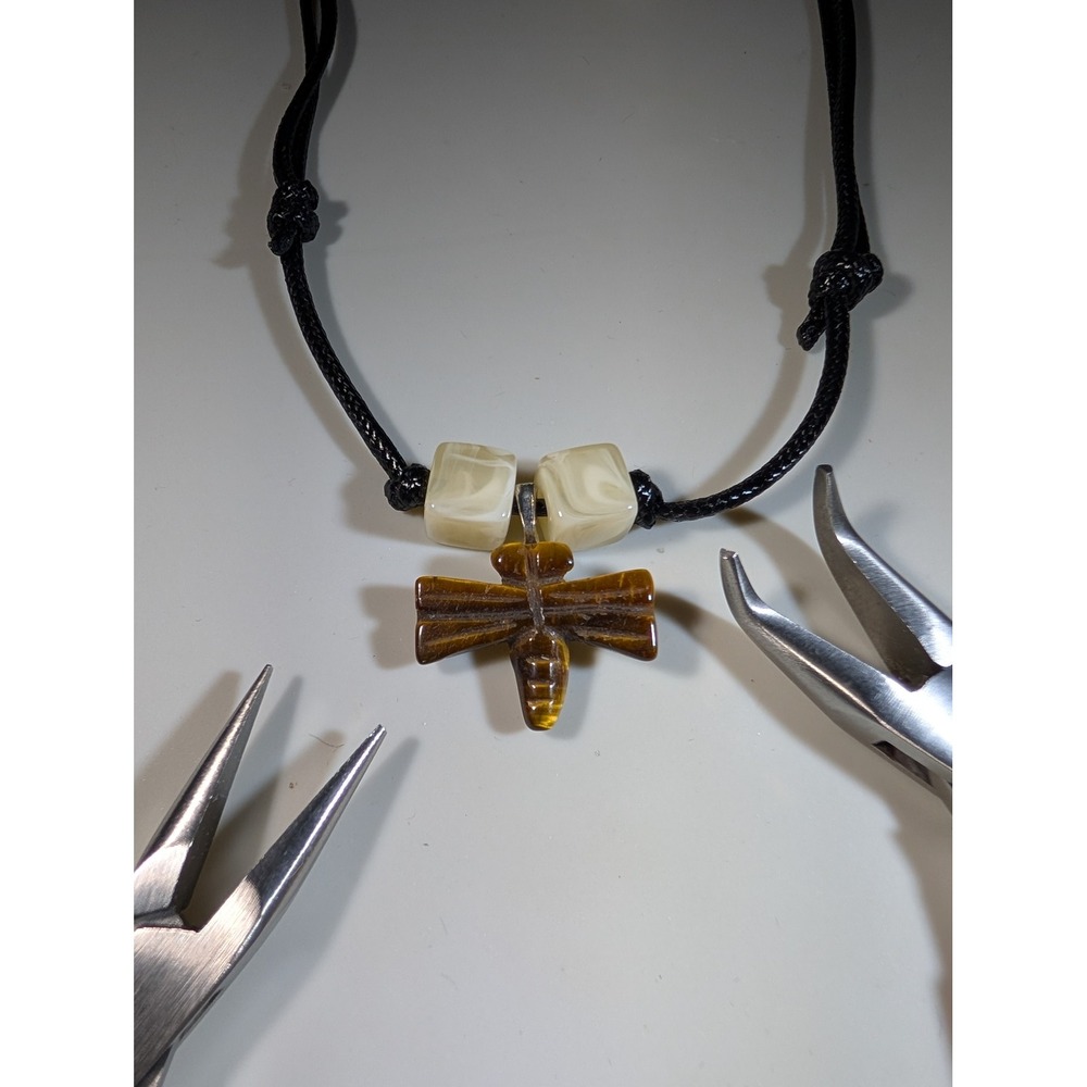 Tiger Eye Carved Dragonfly Pendant Adjustable Cord Necklace Brown Cream Stone